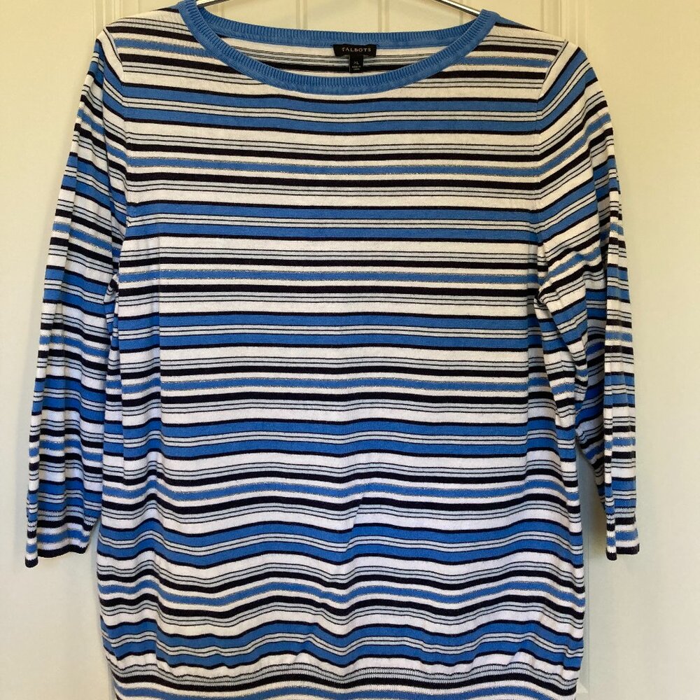Talbots Blue and Silver Stripe Sweater, Women’s XL – 3/4 Sleeve